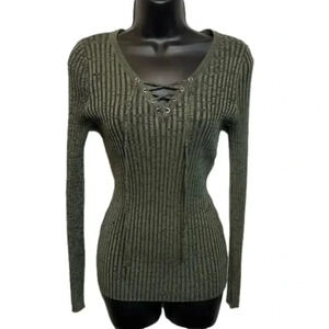 ARIZONA Jean Co. Sweater Women’s Green Lace up Collar Ribbed‎ Knit Pullover